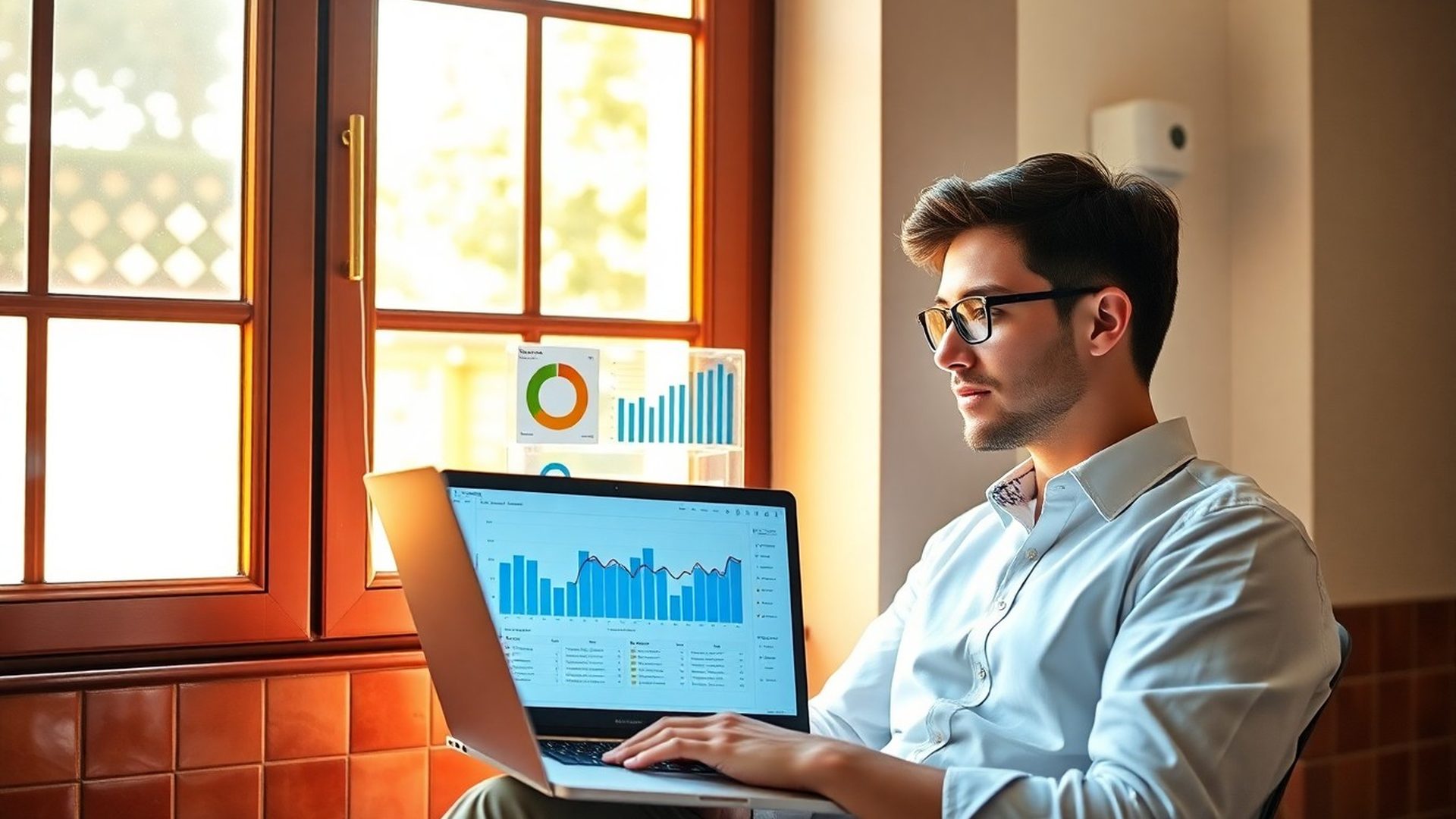 Persona joven estudiando un panel de datos de inversión en un portátil con luz mediterránea