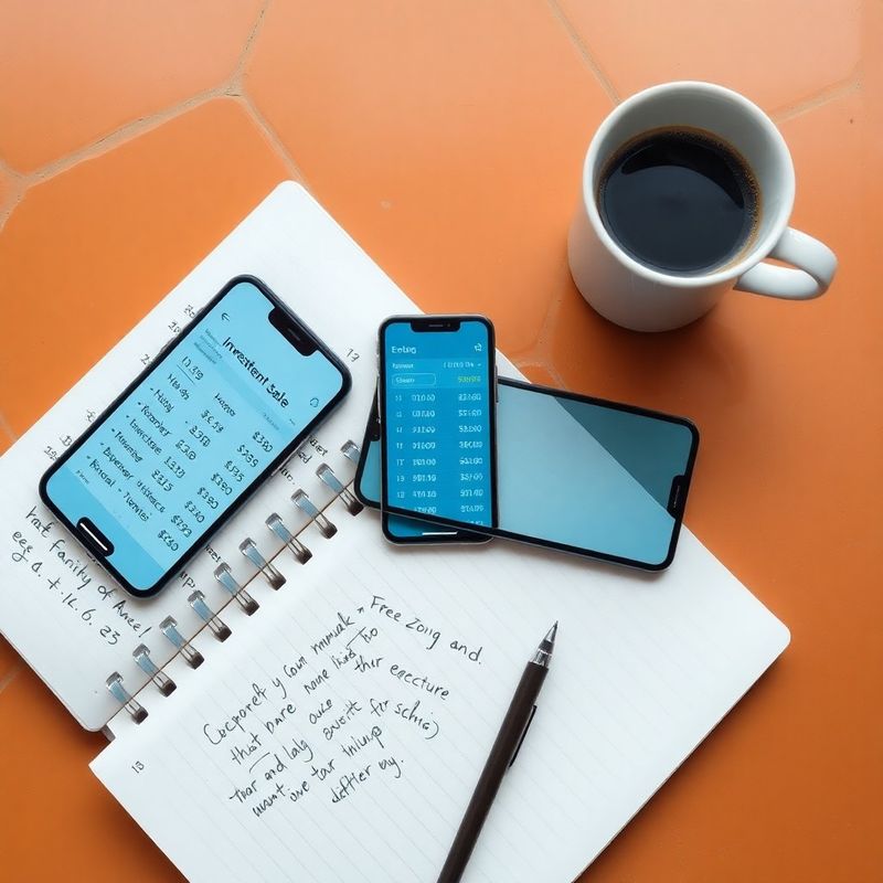 Cuaderno de notas de inversión y móvil mostrando tabla de precios en tonos azules